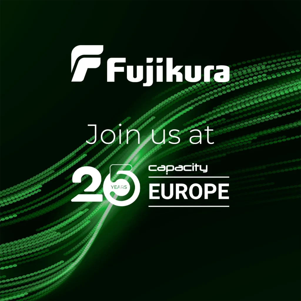 White Fujikura logo on a black background with a green dotted line pattern